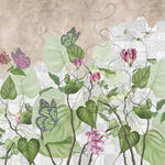 Tapet personalizat leaf cu plante salbatice verzi si fluturi pe un perete faiantat wild tile plants