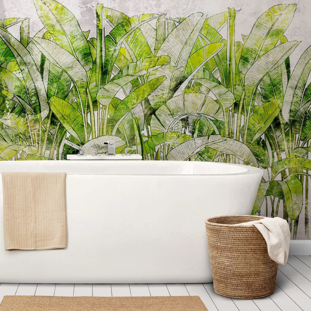 Tapet personalizat leaf cu frunze de bananier verzi intens pe un fundal alb green vibe light