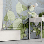 Tapet personalizat leaf cu frunze de philondendron rugosum pe fundal albastru blue wild philodendron