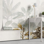 Tapet personalizat leaf cu frunze tropicale in nuante de verde salvie si auriu tropical sage&gold