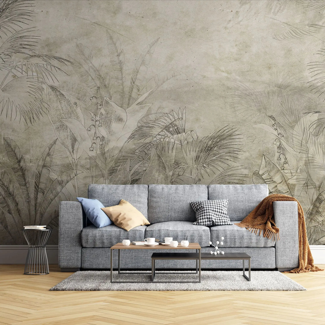 Tapet personalizat leaf cu frunze tropicale schitate pe un fundal vintage sketchy jungle