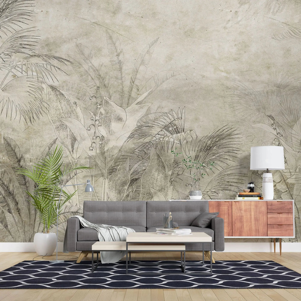 Tapet personalizat leaf cu frunze tropicale schitate pe un fundal vintage sketchy jungle