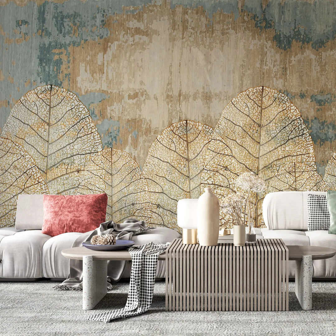 Tapet personalizat leaf cu frunze subtiri aurii pe un fundal vintage thin leaves