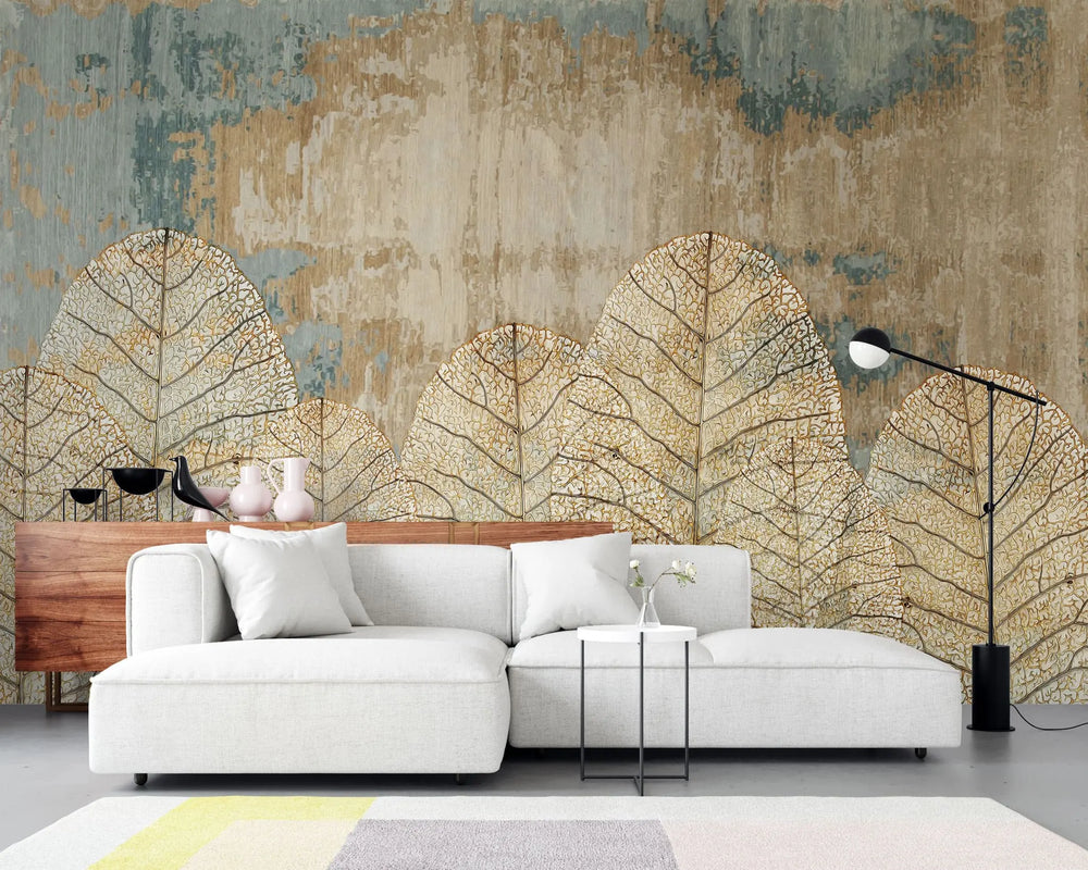 Tapet personalizat leaf cu frunze subtiri aurii pe un fundal vintage thin leaves