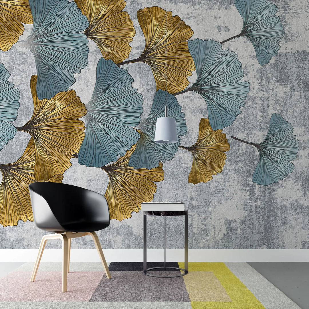 Tapet personalizat leaf cu frunze de ginko biloba in nuante de albastru si auriu golden blue ginko