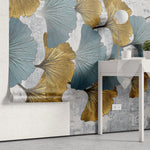 Tapet personalizat leaf cu frunze de ginko biloba in nuante de albastru si auriu golden blue ginko