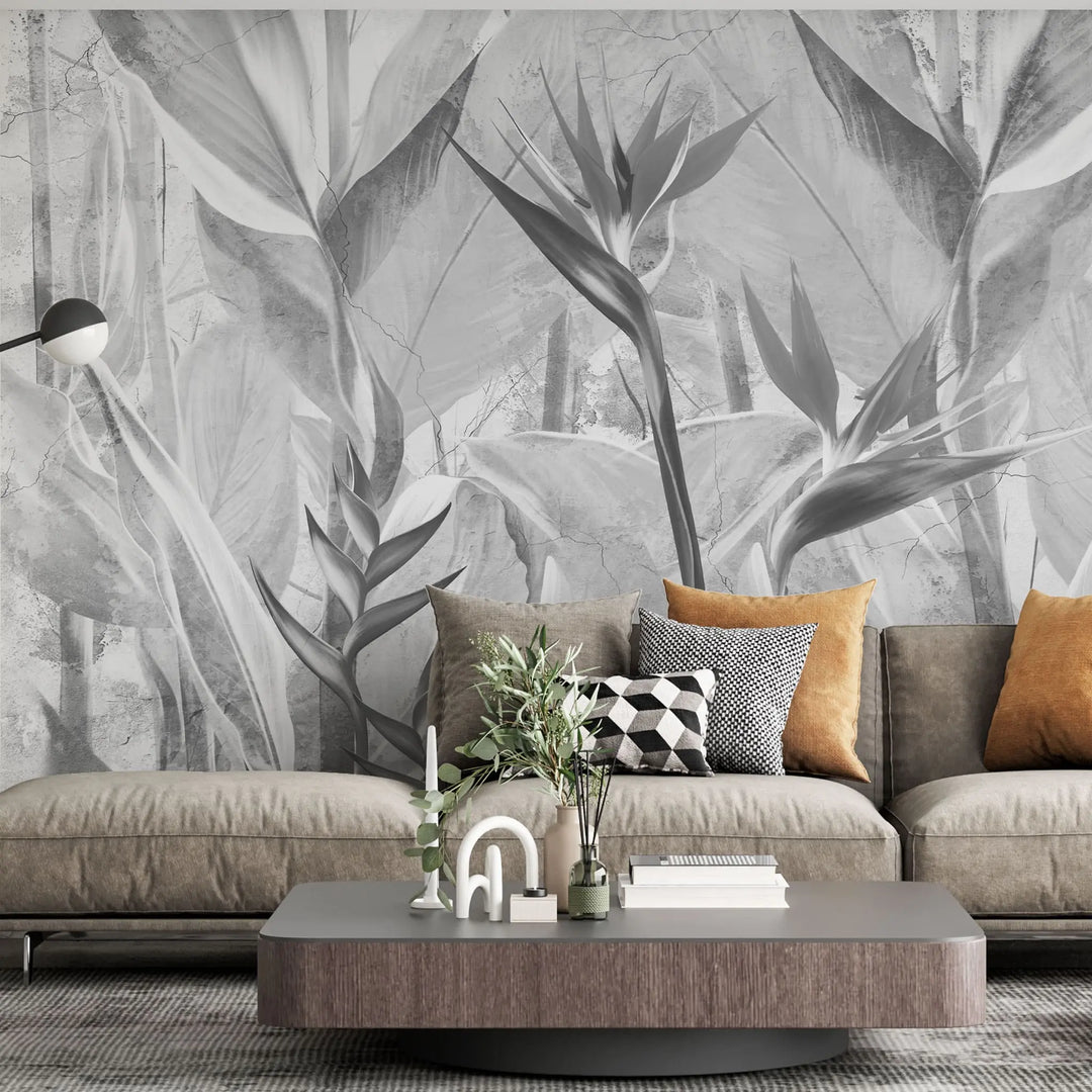 Tapet personalizat leaf cu planta paradisului in nuante de gri grey bird's paradise