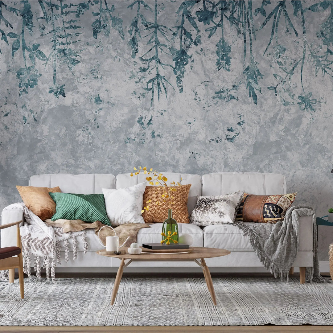 Tapet personalizat leaf cu frunze albastre pe un fundal de beton concrete wild blue