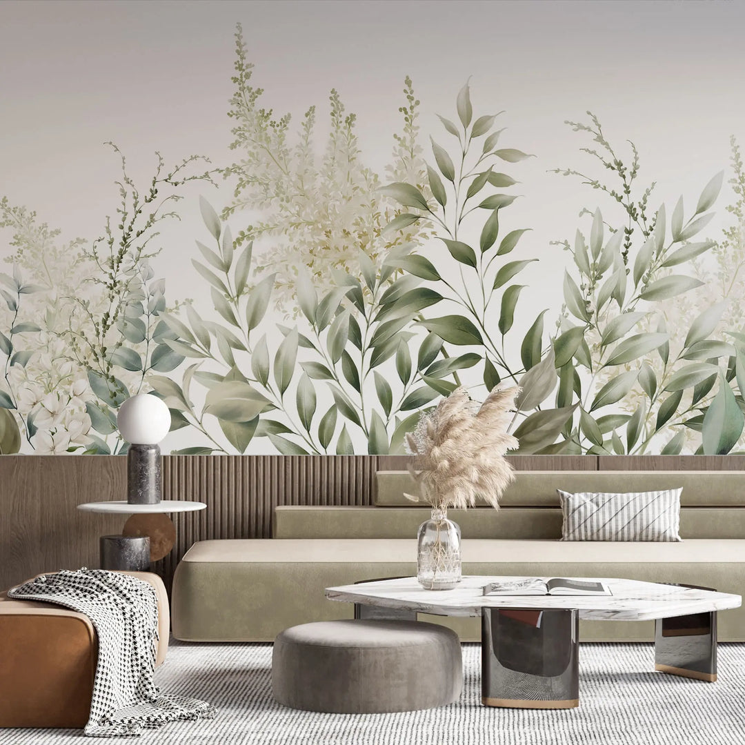 Tapet personalizat leaf cu frunze si plante verzi pe un fundal alb innocent garden