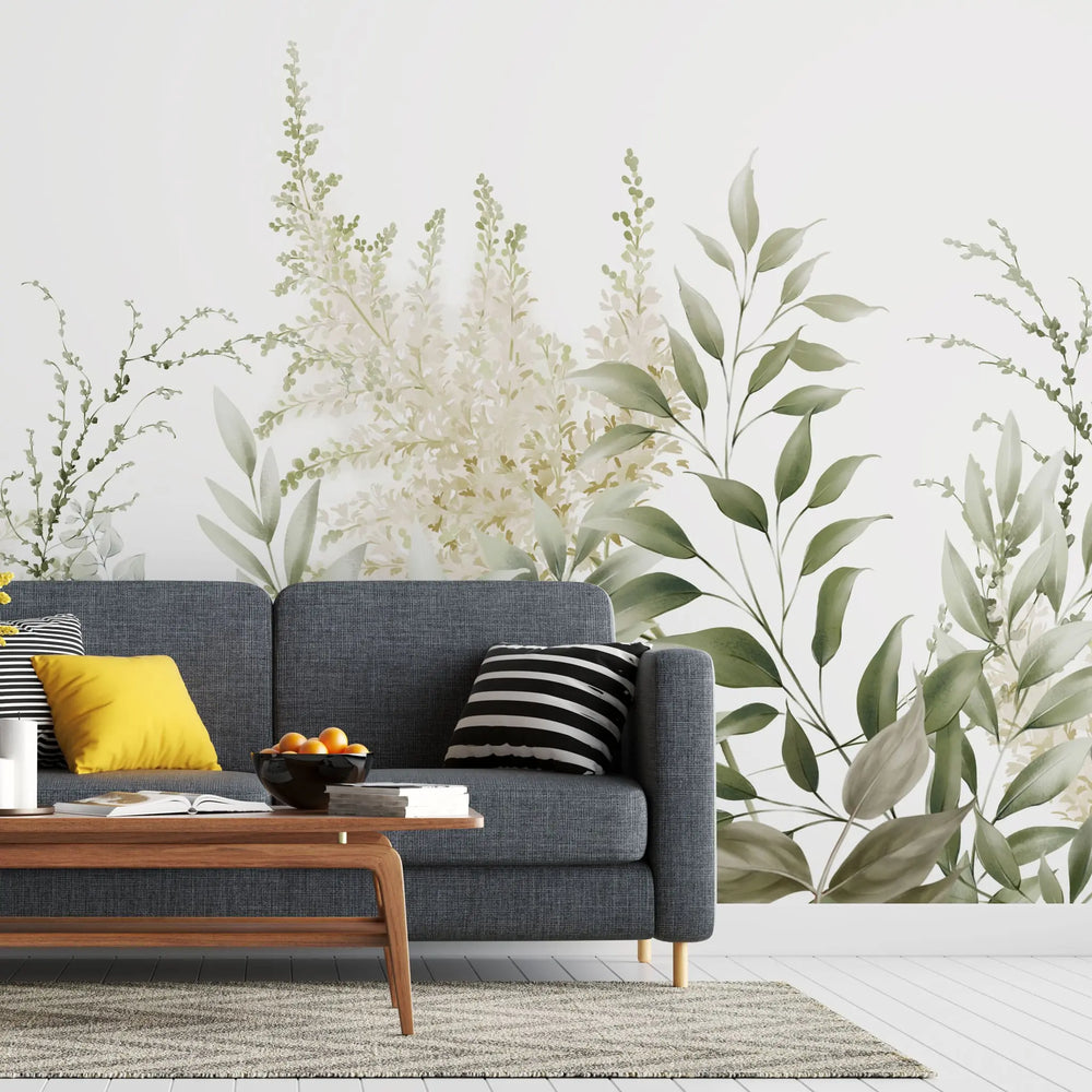 Tapet personalizat leaf cu frunze si plante verzi pe un fundal alb innocent garden