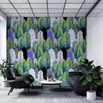 Tapet tropical personalizat cu frunze tropicale colorate verzi albastre si negre intr o combinatie artistica de linii si triunghiuri artistic leaves