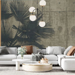 Tapet tropical personalizat cu umbre de palmieri tropicali thrinax parviflora pe un fundal de ciment gri concrete palms
