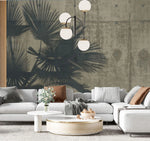 Tapet tropical personalizat cu umbre de palmieri tropicali thrinax parviflora pe un fundal de ciment gri concrete palms