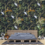Tapet tropical personalizat cu copaci si flori tropicale frunze de bananier tigrii si barze pe fundal inchis dark jungle