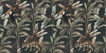 Tapet tropical personalizat cu frunze tropicale de bananier si animale tropicale – papagalul toco toucan sau tucanul urias leopard si zebre pe un fundal inchis dark tropical fauna