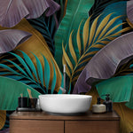 Tapet tropical personalizat cu frunze tropicale de bananier si palmier in tonuri aurii si cu nuante de verde pe fundal inchis madagascar cycad
