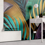 Tapet tropical personalizat cu frunze tropicale de bananier si palmier in tonuri aurii si cu nuante de verde pe fundal inchis madagascar cycad