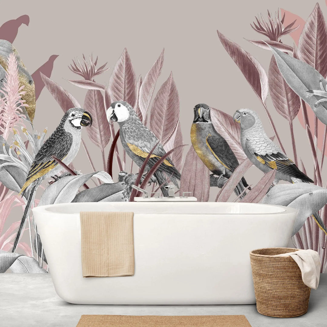Tapet tropical personalizat cu papagali tropicali funze de calathea si flori tropicale in tonuri pastel de roz si gri pastel tropical