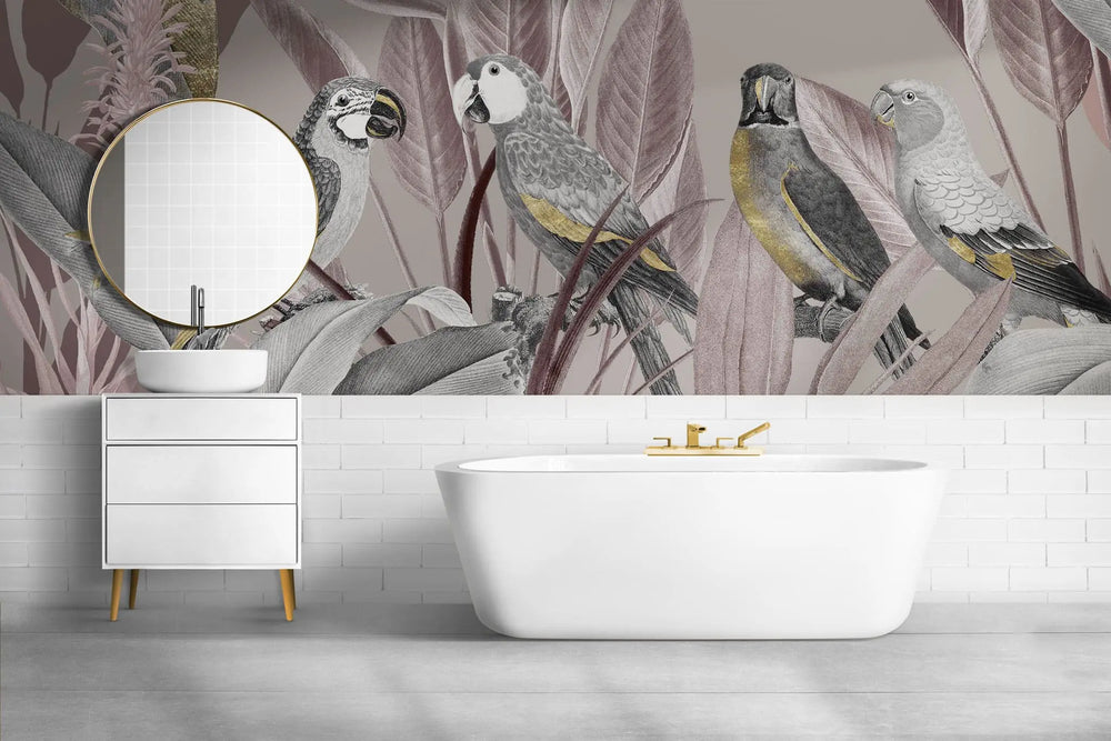 Tapet tropical personalizat cu papagali tropicali funze de calathea si flori tropicale in tonuri pastel de roz si gri pastel tropical