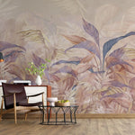 Tapet tropical personalizat cu o selectie de frunze de sterilitia bananier si palmier in nuante rose gold pastelate cu efect de pictura rose wilderness