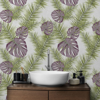 fototapet-tropical-personalizat-cu-frunze-de-palmier-sago-queen-si-monstera-in-nuante-rozalii-si-verzi-pe-fundal-alb-sago-queen-monstera