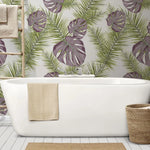 Tapet tropical personalizat cu frunze de palmier sago queen si monstera in nuante rozalii si verzi pe fundal alb sago queen monstera