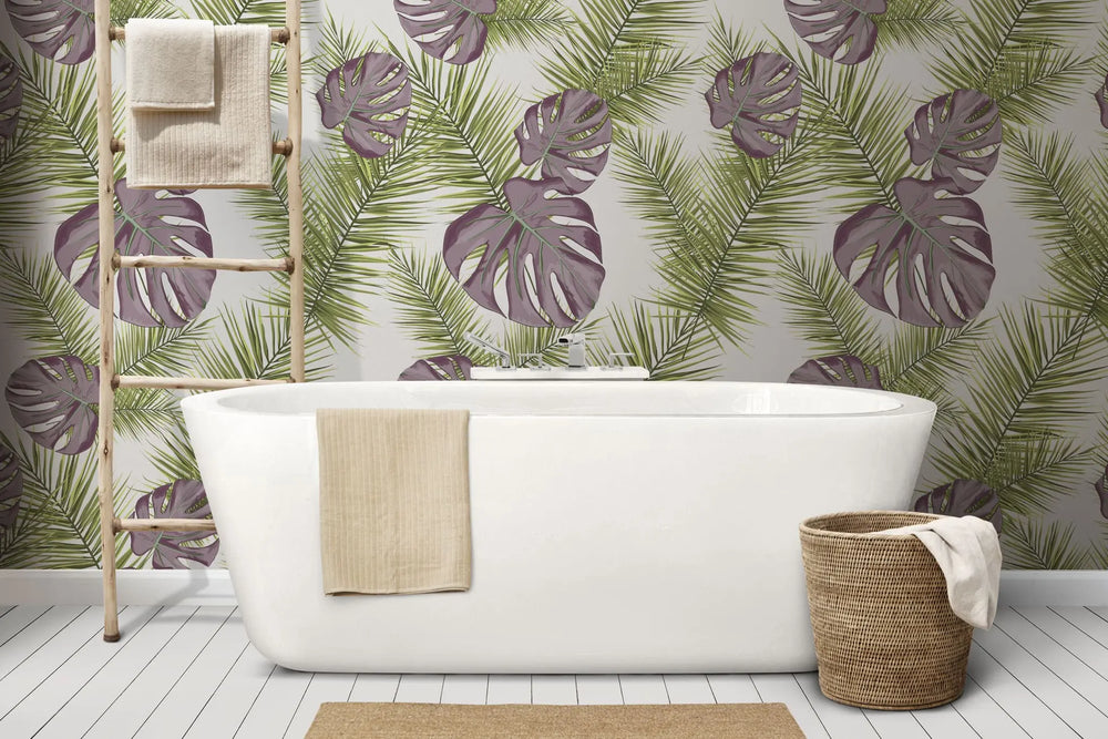 Tapet tropical personalizat cu frunze de palmier sago queen si monstera in nuante rozalii si verzi pe fundal alb sago queen monstera