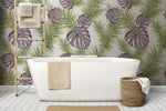Tapet tropical personalizat cu frunze de palmier sago queen si monstera in nuante rozalii si verzi pe fundal alb sago queen monstera