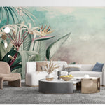 Tapet tropical personalizat cu flori si frunze tropicale planta paradisului pe un fundal calm pictat in nuantele rasaritului de roz albastru scenic tropical flowers