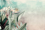 Tapet tropical personalizat cu flori si frunze tropicale planta paradisului pe un fundal calm pictat in nuantele rasaritului de roz albastru scenic tropical flowers