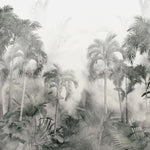 Tapet tropical personalizat in nuante sepia cu peisaj din jungla tropicala plina cu palmieri cocotieri frunze tropicale si ceata stormy jungle