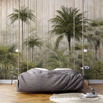 Tapet tropical personalizat cu palmieri si cocotieri intr un cadru tropical de jungla pe un fundal texturat de lemn bej cu umbrele palmierilor the palm's jungle