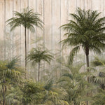 Tapet tropical personalizat cu palmieri si cocotieri intr un cadru tropical de jungla pe un fundal texturat de lemn bej cu umbrele palmierilor the palm's jungle