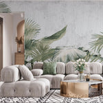 Tapet tropical personalizat cu frunze tropicale de palmier apak si bananier pe un fundal alb cu textura de lemn tropical aesthetic