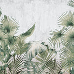 Tapet tropical personalizat cu frunze tropicale de palmier apak si bananier pe un fundal alb cu textura de lemn tropical aesthetic