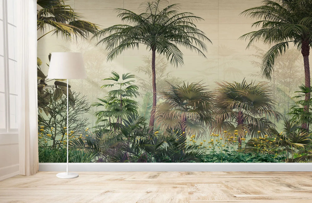 Tapet tropical personalizat cu frunze si plante si flori tropicale intr un cadru luminos tropical flora