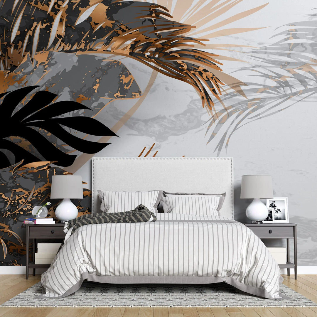 Tapet tropical personalizat cu frunze tropicale de monstera palmier apak si palmier belmore cu efect de marmura neagra cu insertii de bronz pe un fundal de marmura alba tropical marble