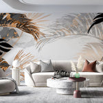 Tapet tropical personalizat cu frunze tropicale de monstera palmier apak si palmier belmore cu efect de marmura neagra cu insertii de bronz pe un fundal de marmura alba tropical marble