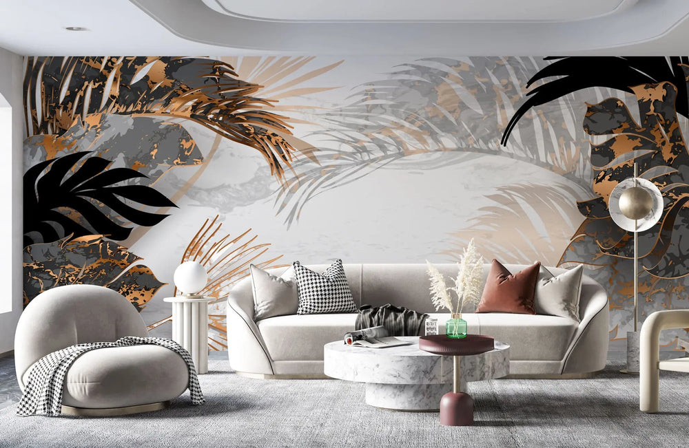 Tapet tropical personalizat cu frunze tropicale de monstera palmier apak si palmier belmore cu efect de marmura neagra cu insertii de bronz pe un fundal de marmura alba tropical marble