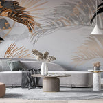 Tapet tropical personalizat cu frunze tropicale de monstera palmier apak si palmier belmore cu efect de marmura neagra cu insertii de bronz pe un fundal de marmura alba tropical marble