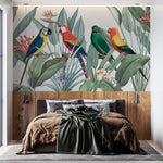 Tapet tropical personalizat tropical cu papagali exotici colorati planta paradisului flori si frunze tropicale tropical parrots