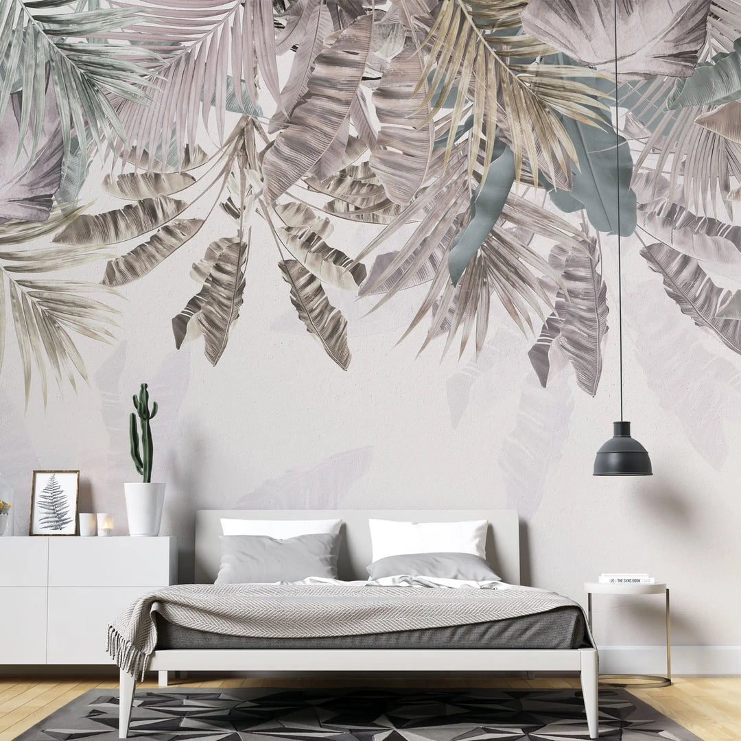 Tapet tropical personalizat cu selectie de plante si frunze tropicale in nuante roz gold pe fundal pastel tropical rose gold