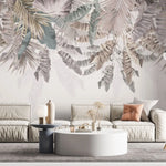 Tapet tropical personalizat cu selectie de plante si frunze tropicale in nuante roz gold pe fundal pastel tropical rose gold