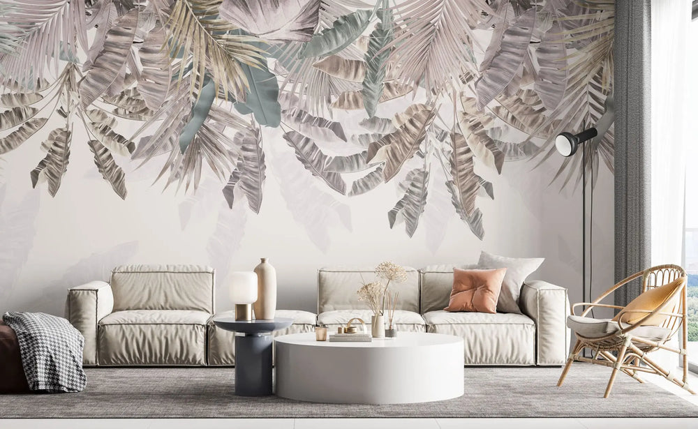 Tapet tropical personalizat cu selectie de plante si frunze tropicale in nuante roz gold pe fundal pastel tropical rose gold