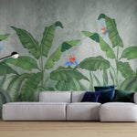 Tapet tropical personalizat cu frunze tropicale de bananieri agave si papagali tropicali colorati pe un fundal gri texturat tropical wilderness