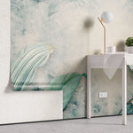 Tapet tropical personalizat cu frunze tropicale de welwitschia si strelitzia pe un fundal pictat in nuante de bej si albastru welwitschia