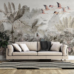 Tapet personalizat tropical cu pasari flamingo zburand peste jungla in nuante fade tropical flamingo