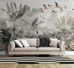 Tapet personalizat tropical cu pasari flamingo zburand peste jungla in nuante fade tropical flamingo