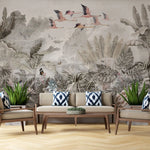Tapet personalizat tropical cu pasari flamingo zburand peste jungla in nuante fade tropical flamingo