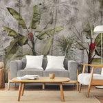 Tapet personalizat tropical cu bananier rosu pe un fundal sepia banana red
